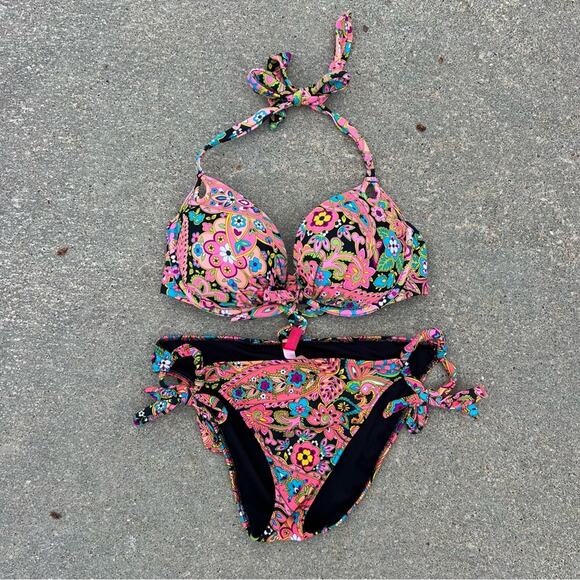 Victoria’s Secret 34D/L The Gorgeous Pink Neon Paisley Pushup Halter Bikini Set - Picture 1 of 9